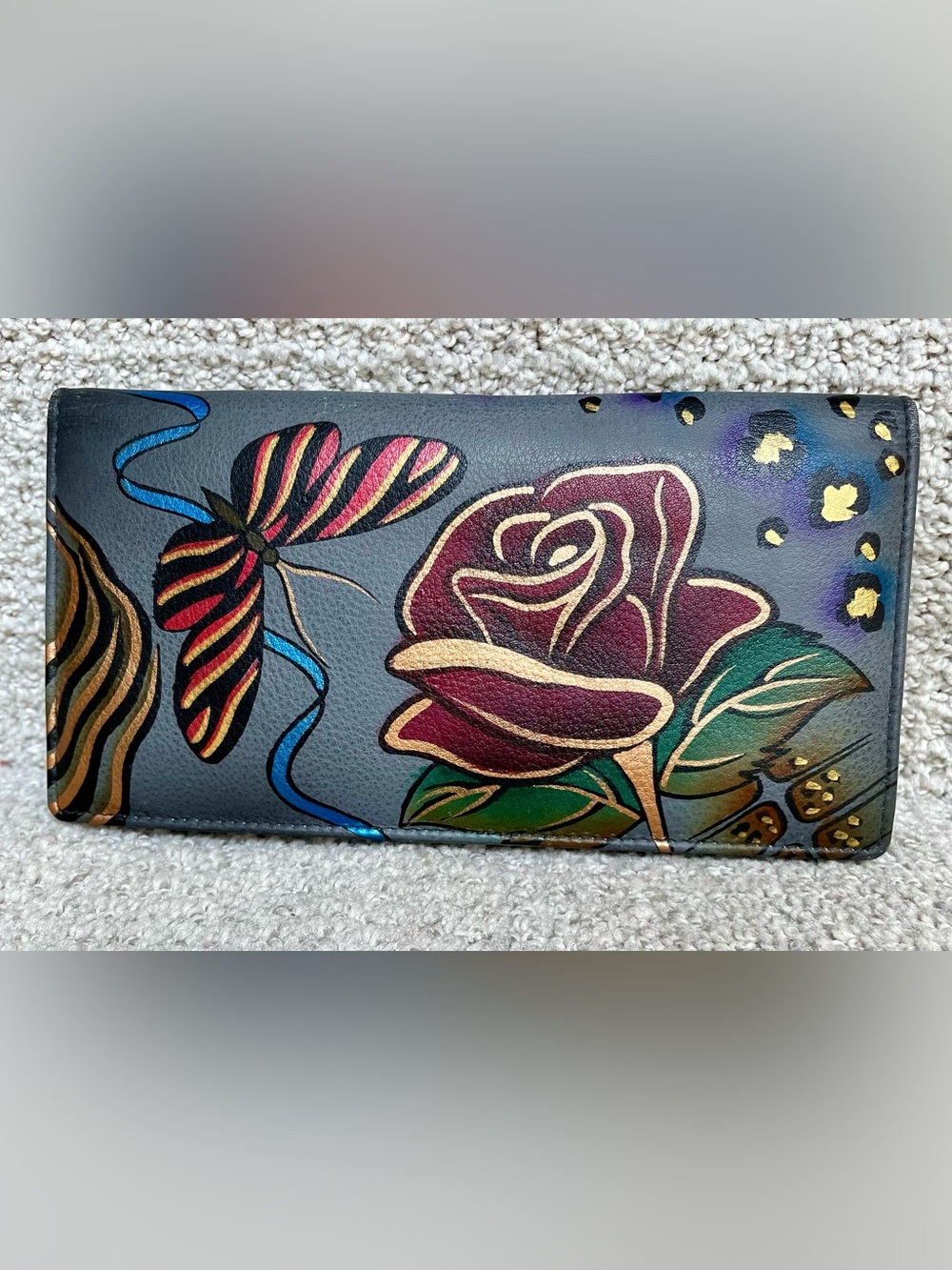 Anna by Anuschka Leather Hand Painted Clutch Wallet in Rose Safari Grey